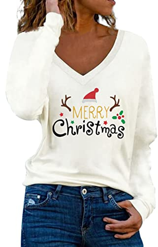 Camiseta de Navidad para mujer, corte holgado, cuello de pico, manga larga, túnica, blusa informal, top de invierno, para el tiempo libre, Blanco, M