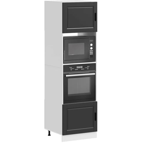 QJBSAVVA Black Porto 60x57x207 cm Tall Oven Cabinet, Engineered Wood, Built-in Microwave & Oven, Adjustable Feet, Kitchen/Pantry/Bathroom