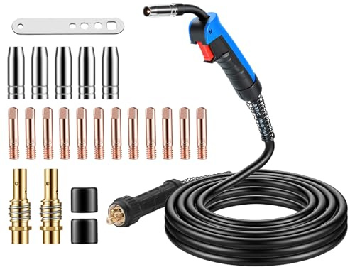 MB15AK MIG/MAG Schweißbrenner Set, 5m Schlauchpaket Schutzgas mit Euro-Anschluss, 22-tlg. Verschleißteil-Set inkl. Kupfer-Diffusor & Kontaktdüsen, 180A für CO2 Argon Schweißen in Werkstatt & Industrie