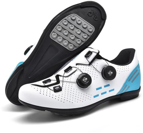 Cykelskor för män kvinnor – lätta inomhus/utomhus cykelskor med gummisula, halkfria och andningsbara mountainbike-sneakers med roterande snören, Vit blå, 40 EU