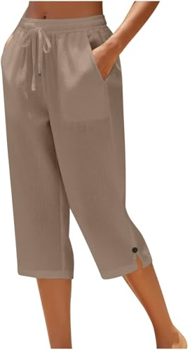 Ladies Cropped Trousers - Capri Pants for Women UK Petite Comfy Summer Three Quarter Length Trousers Stretchy Drawstring Waist Straight Leg Lounge Yoga Beach Capris Pants with Pockets Coffee