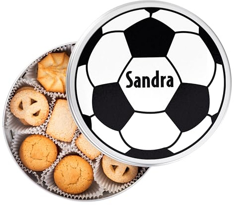 Made In Gift | Lata de Galletas Personalizada para Profesores – Regalo Fin de Curso con Nombre y Mensaje – Caja con Galletas de Mantequilla para Maestros y Seños (Futbol)