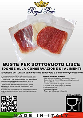 Royal Pack Liscio 90 buste sottovuoto lisce per macchine sottovuoto a campana, professionali, alta qualità, made in Italy. Confezione 100 buste formato 20x30 cm