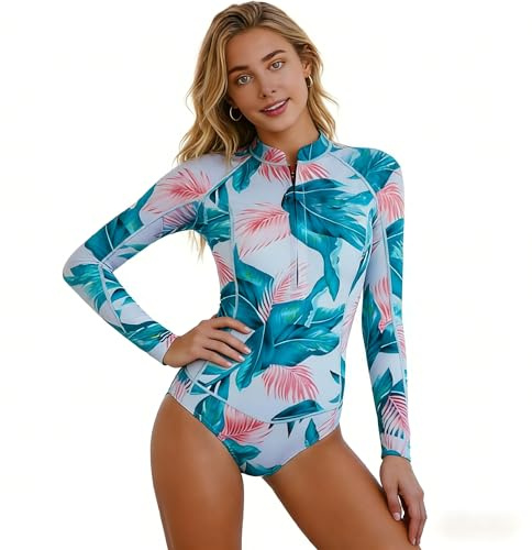 BEACHKINI Ropa de Surf con Cremallera para Mujer Traje de Baño de Manga Larga Protectores contra Erupciones Recreativas de Una Pieza Traje de Baño