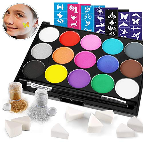 HOWAF Palette de Maquillage pour Enfants, Peinture pour Le Visage et Le Corps, 15 Maquillage Palette à Base d'eau, 2 Paillettes, 60 pochoirs, 2 brosses, 8 Éponges, Non-Toxique pour fête d'halloween