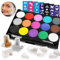 Howaf Palette de Maquillage pour enfants, peinture pour le visage et le corps, 15 Maquillage Palette à base d'eau, 2 paillettes, 60 pochoirs, 2 brosses, 8 Éponges, Non-Toxique pour fête d'Halloween