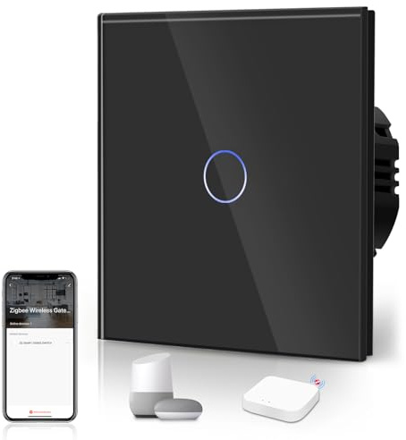 BSEED Smart ZigBee Schalter Unterputz Lichtschalter WiFi Berührungssensor Glas 2.4GHz Single Live Wandschalter (Hub Erforderlich) Kompatibel mit Alexa/Google Home/Tuya/Smart Life 1 Fach 1 Weg Schwarz