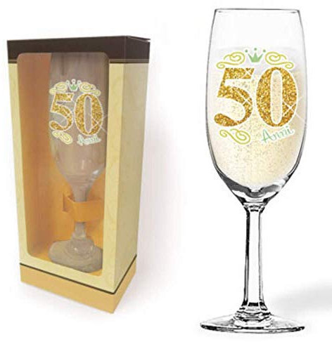 Flute Champagne 50 Anni Glitter - Flute Brindisi in Vetro - Bicchiere da Champagne - Gadget festa di Compleanno Cinquantenne