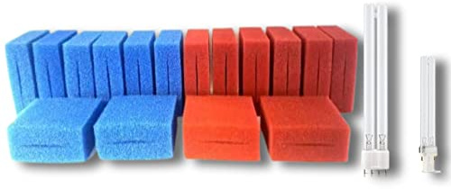 Pondlife Teichfilter-Schwämme Wartungspaket kompatibel mit Oase Biotec 18 & Screenmatic 18, 16 Filterschwämme (8 blau PPI10, 8 rot PPI30) inkl. UVC-Leuchtmittel 55 W, Filterschaum 21,5 x 15,5 x 9 cm