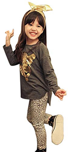 ggudd Mädchen Leopard Gedruckt Langarm T-Shirts und Leggings Hosen Bekleidungssets (Grau,8-9 Jahre)