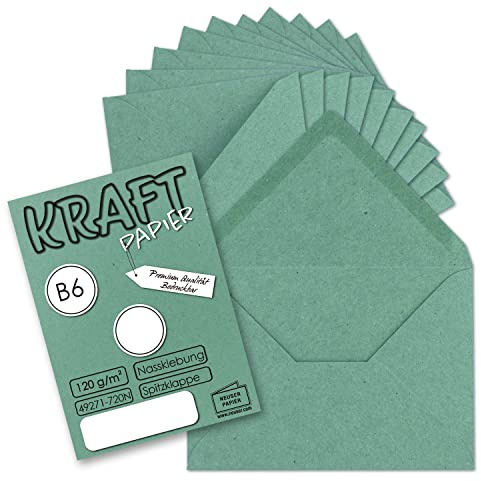 50x Vintage Briefumschläge in Eukalyptus (grün) DIN B6 125 x 178 mm Kraftpapier 120 g/m² Recycling Nassklebung Spitzklappe - UmWelt by GUSTAV NEUSER