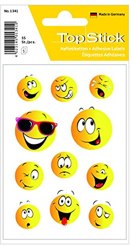TopStick 1341 Autocollantes avec des motifs de grimaces (55 stickers, papier, mat) auto-adhésives, étiquettes décoratives pour cadeaux, anniversaires, albums photo, récompenses, scrapbooking, jaune