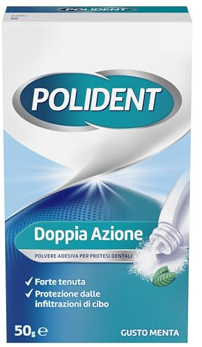 Polident Doppia Azione, Polvere Adesiva per protesi Dentali, Forte tenuta, Protezione dalle infiltrazioni di cibo, Gusto menta, 50g