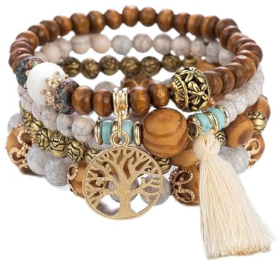 GAUEIOUR Boho Multi-Layer Wooden Beaded Bracelet, Elastic Tassel Bracelet - Tree Of Life Design, Women's Pack Of 4