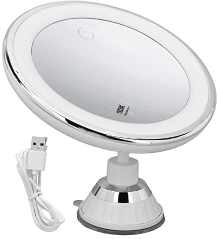 Espejo de Maquillaje con Ventosa, Aumento 10X, 3 Colores de Luz LED, Ajustable, Alimentado por Batería o USB, 20x17.5x7cm