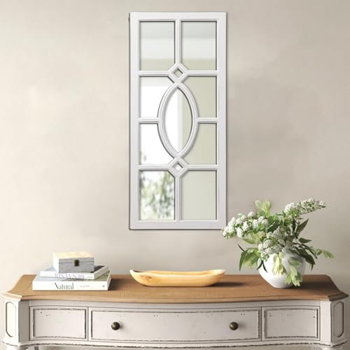 Sintosin Espejos rústicos de ventana para decoración de pared de 30 x 13 pulgadas, espejo de ventana de granja blanco envejecido, espejo rectangular con marco de madera, espejos decorativos montados
