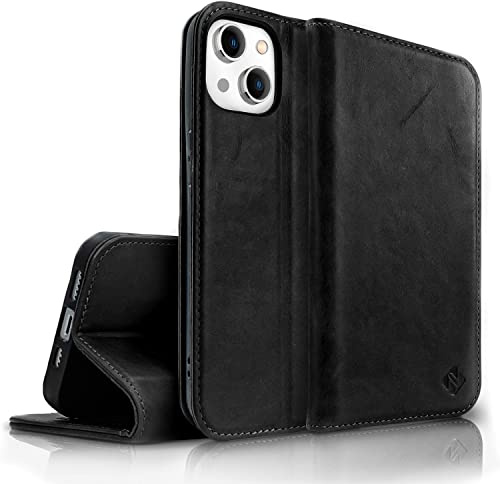 NALIA Echt-Leder Flipcase kompatibel mit iPhone 14 Hülle, Handgefertigt Rindsleder Schutzhülle mit RFID-Schutz, Kartenfächern & Standfunktion, Lederhülle Handyhülle Etui, Farbe:Schwarz