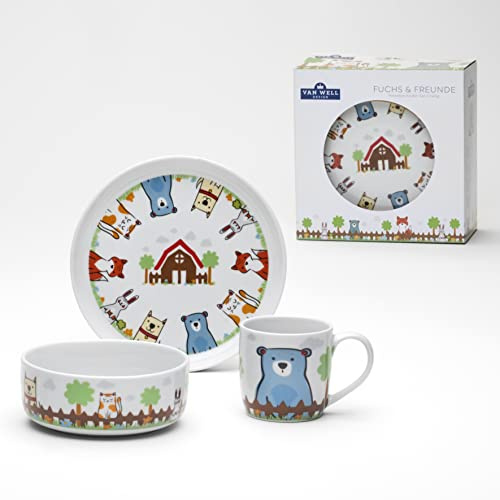 VAN WELL Fuchs & Freunde Kinder-Geschirrset, 3-teiliges Porzellan-Service mit Tiermotiven mit Becher, Schale und Teller, ideal als Geschenk