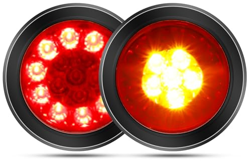 Biqing 2PCS 4 LED Feu Arrière de Remorque,Rond Feux arrières à 24V Camion Remorque Bateau Arrière Feu Arrière Frein Feu de Brouillard Inversé avec Anneau Chromé (Noir-Jaune&Rouge)