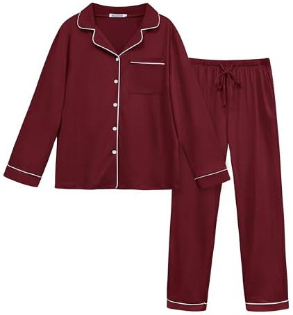 Lovasy Schlafanzug Damen Lang Winter Pyjama mit Knöpfen 2-Teilig Langarm Schlafanzüge für Damen Loungewear Set mit Taschen und Kordelzug,Weinrot,M