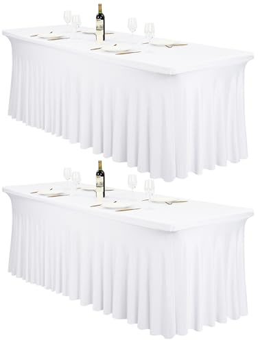 FXKS Spandex Tischröcke, 2 Stück, Weiße, für 2,4 m Rechtecktische | Stretch Tischdecke und Tischabdeckung mit elegantem Faltenrock für Hochzeit, Party, Messe und Bankett