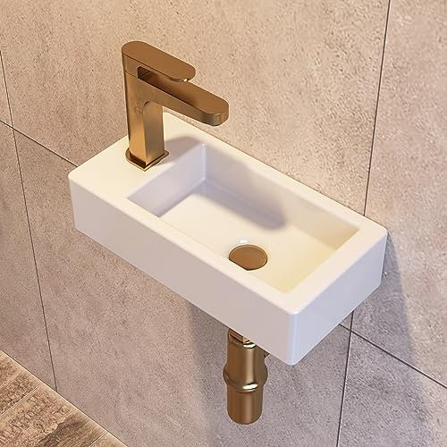 Small Bathroom Sink DeerValley, 15x7 Mini Rectangle Wall Mount Vessel Sink for Bathroom Powder Room Cloakroom, Floating Space Saving Design, Easy to Clean White Ceramic Wash Basin (Left Hand)