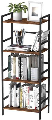 CADUKE 4-stufig Bücherregal, Offenes Industrielles Standregal, Holz-Metall Aufbewahrungsregal, Braun für Wohnzimmer, Schlafzimmer, Büro