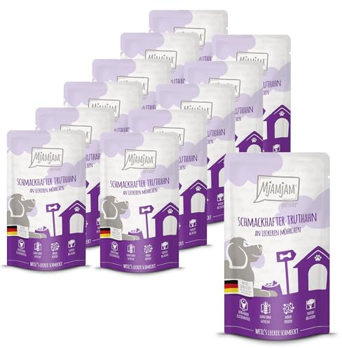 MjAMjAM - Nourriture humide premium pour chiens - Quetschie - viande de dindon savoureuse accompagnée de délicieuses carottes, pack de 12 (12 x 125g)