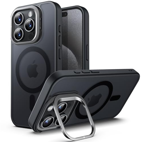 JETech Cover Cavalletto per iPhone 15 Pro Max 6,7 Pollici Compatibile con MagSafe, Supporto per Fotocamera Regolabile Integrato, Traslucida Opaca Magnetica Sottile Custodia (Titanio Nero)