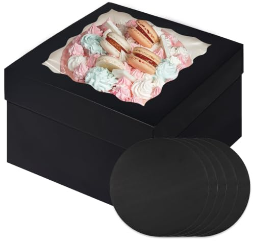 Gcardist 12x12x8 Inch Cake Box, 5 Sets Black Cake Box with Window ＆ 5 Sets 12 Inch Black Cake Round Boards, Cake Containers(30.5x30.5x20.3cm)