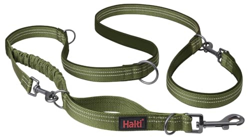 HALTI Anatomy Multifunktionellt hundkoppel - Stötdämpande koppel med karbinhakar i båda ändar, perfekt för hundträning och promenader. Bekvämt att hålla. Lämpligt för valpar (Storlek S, Grön)