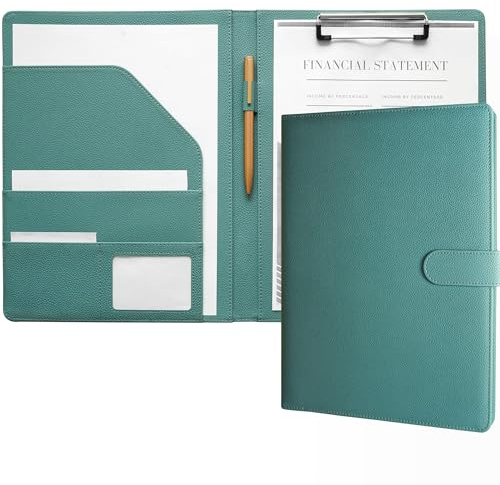 Mymazn Dokumentenmappe A4 PU-Leder Klemmbrett A4 mit Klemme Dokumentenhalter A4 Notizblock Folio Document Organizer (Wassergrün)