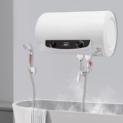 Chauffe-eau électrique de 30 l - 220 V - Montage mural - En acier inoxydable - Avec capacité de stockage de 30 l et température réglable de 25 à 75 °C - Avec robinet et pommeau de douche - Blanc