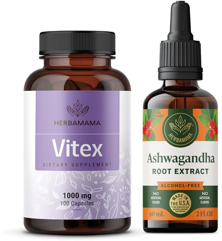 HERBAMAMA Vitex and Ashwagandha Kit - Bundle of 1000 mg Vitex Chasteberry Capsules & Ashwagandha Liquid Drops 2 fl oz - Vegan, Non-GMO, Sugar & Alcohol-Free - 2 Pack