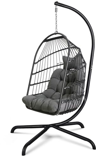 Chihee Äggstol med ultrastark stativ och kudde, vikbar rotting, hängande stol, inomhus, utomhus, uteplats, lounging stol 150 kg kapacitet balkong veranda sovrum trädgård