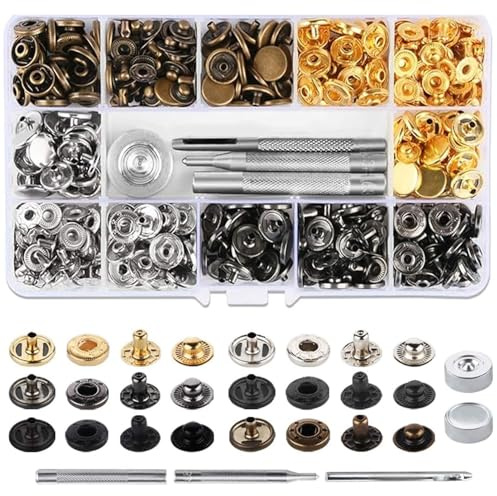 120 Sets Snap Fasteners, Press Studs Metal Snaps Button Canvas Snaps Kit Fasteners Copper and Fixing Tool Kit for Snap Fasteners for Leather Rivets, Jeans, Canvas