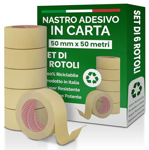 Nipa | Set 6 Rotoli Nastro Carta per Mascheratura Professionale, 50mm x 50m – Nastro Adesivo Carta di Alta Qualità per Imbianchini, Verniciatura, Protezione Superfici, Fai da Te, Resistente e Preciso