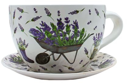 Dekohelden24 Blumentopf, Pflanztasse, Pflanzkübel, Pflanzgefäß, Blumenkübel, Pflanztopf. Übertopf als Tasse mit Griff aus Keramik, Motiv: Lavendel, L/B/H 25 x 23 x14 cm.