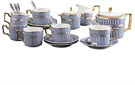 WDSOPK Juego De Té De Porcelana, 15 Piezas, Taza De Café Y Platillo, Juego De Té De Rayas Azules con Tetera, Azucarero, Jarra para Crema Y Cucharas.