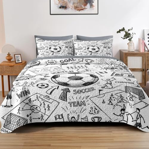 Pamnest Quilt Set Full/Queen Size, Game Soccer Painting 3 Pcs Soft Bed Cover Bedding Set for Kids and Adults, Football Ball Cup Sport Lightweight Bedspread Coverlet with Pillow Sham for All Season