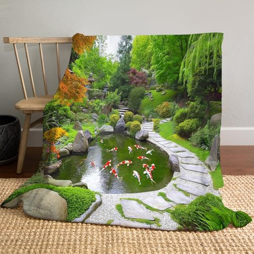 JSCWDET Garden Path Blanket 87×94 (220×240Cm),Pond Koi Ultra Soft Fluffy Throw, Warm And Cozy Blanket For Sofa, Couch, And Bed, Ideal For All Seasons