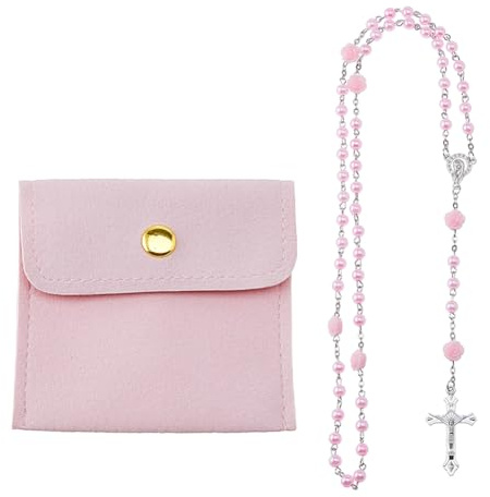 DICOSMETIC Rosa Blau Rot Violett Weiß Rosenkranz Halskette Perlen Rosenkranz Halsketten Legierung Jesus Kreuz Rosen Kranz Halskette Für Frauen Männer Mit 1 Stück PU Leder Schmuck Verpackungstaschen