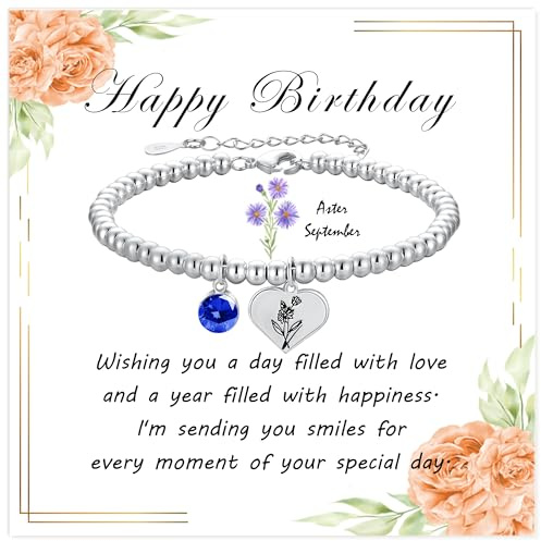Halora Silver Bracelet for Women, 925 Sterling Silver Birthflower Bracelets September Birthstone Bracelet Friendship Jewellery Birthday Gifts for Mum Sisters Her