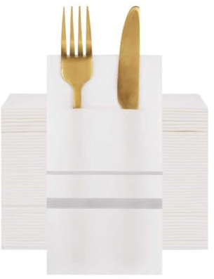 VANHEON Disposable Napkins,Linen-Feel Prefolded for Silver Paper Serviettes | 50 Pack, Cloth Like, Built-in Flatware Pocket, Air Laid Technology, Silver Straight, for Wedding Party, 16 x 16