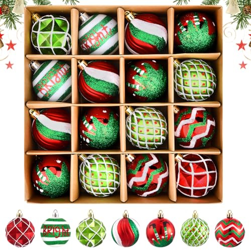 Grinch Weihnachtskugeln, 6cm Weihnachtskugeln Kunststoff Grün Rot, 16Stück Glitzernde Hängende Weihnachtsbaumkugeln für Baumdekoration, Christbaumkugeln Plastik für Weihnachtsbaum Deko Elfen Thema