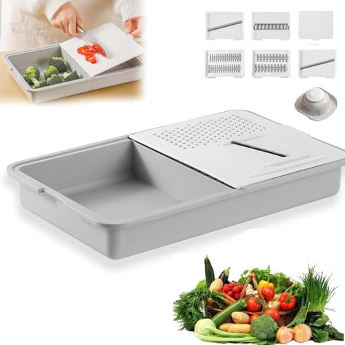 6-in-1 Multi-Functional Grater & Drainer Cutting Board with Containers – Non-Slip Kitchen Prep Station for Slicing Shredding Grinding, Space-Saving Design for Home & RV Use