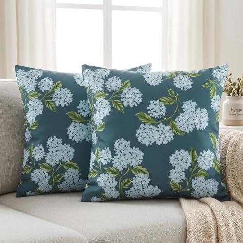 Hopomoon Fundas Cojín Hortensia 45x45 cm Lote de 2 Flores Azul Marino Estilo Clásico Fundas Decorativas Elegantes Vintage para Sofá, Salón