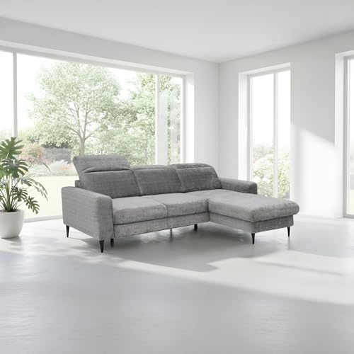 BUGAJSKI Sofa Ecksofa 3-Sitzer L-Form Couch mit Schlaffunktion und Stauraum Bettkasten 223×174 cm beidseitig Rechts/Links mit verstellbaren Kopfstützen Chenillebezug für Wohnzimmer (Grau)