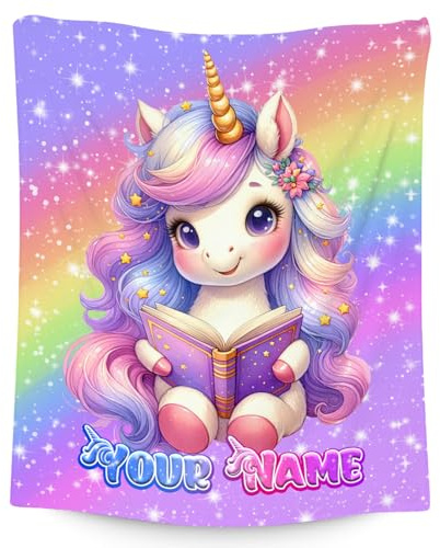 CustomWish Girls Personalised Blanket – Unicorn Rainbow Throw for Kids & Toddlers for Bedroom or Bedding – Available in 4 Sizes