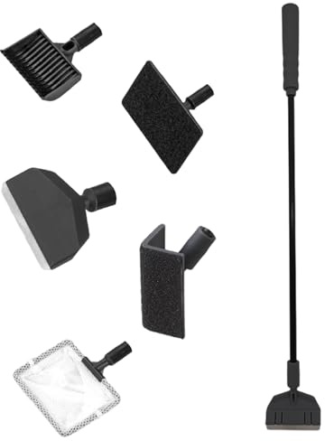 LUPATDY Set di attrezzi per la pulizia dell'acquario, 5 in 1, con raschietto per alghe, scopa per ghiaia, spazzola per tubi, asta rimovibile, strumento per la pulizia della piscina in vetro